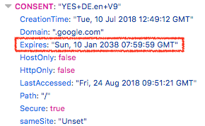 Image showing Google's consent cookie lasting for 20 years