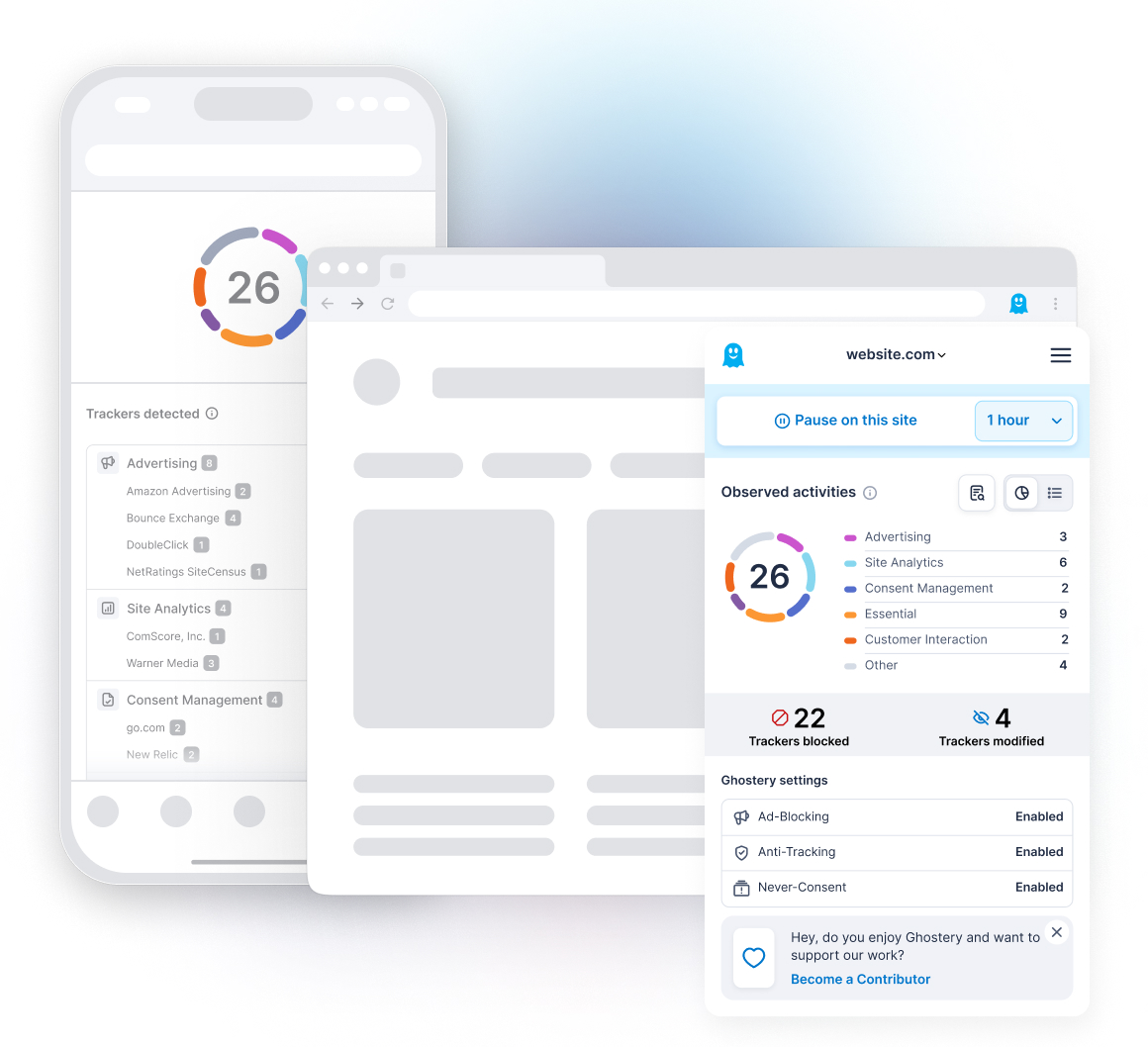 Ghostery Tracker & Ad Blocker panel detailed view displaying blocked tracker categories