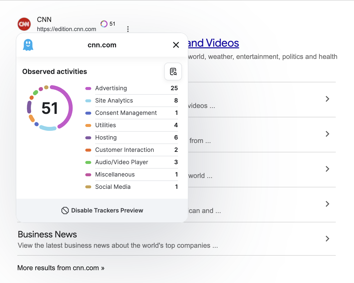 Trackers Preview on search engine results page